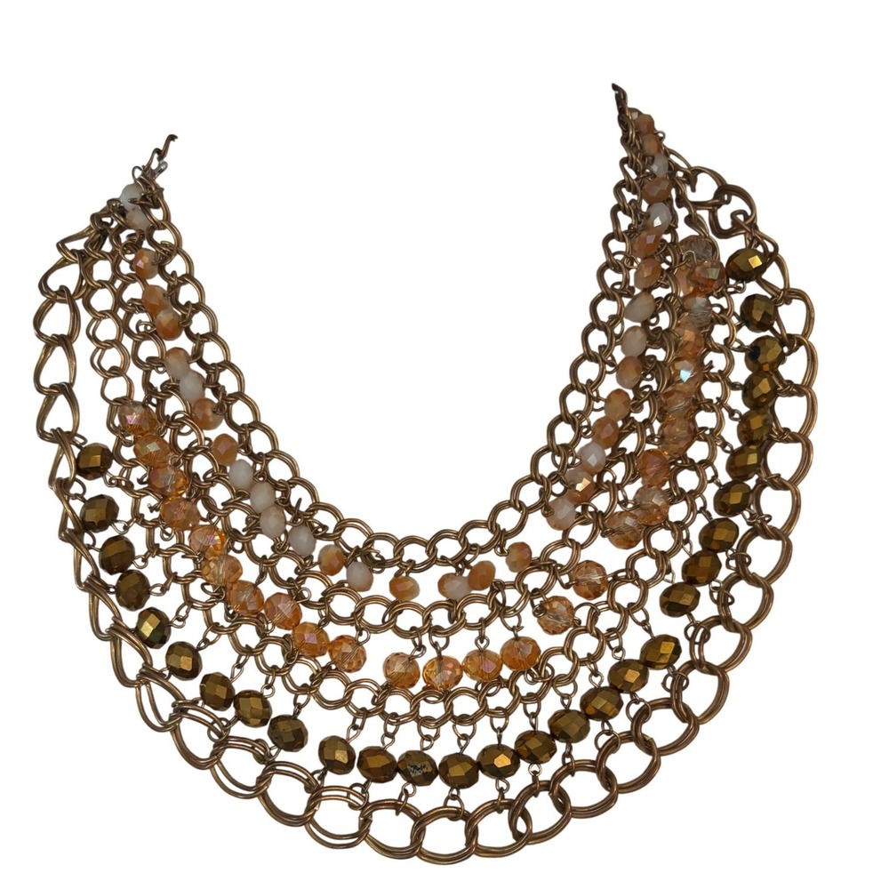 Bronze Multi Strand Bib Statement Necklace‎ Amber Gold Beaded Layered Chain